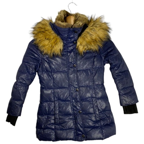 S13 New York Girl's Size 4 Navy Blue Down Puffer Faux Fur Hooded Jacket